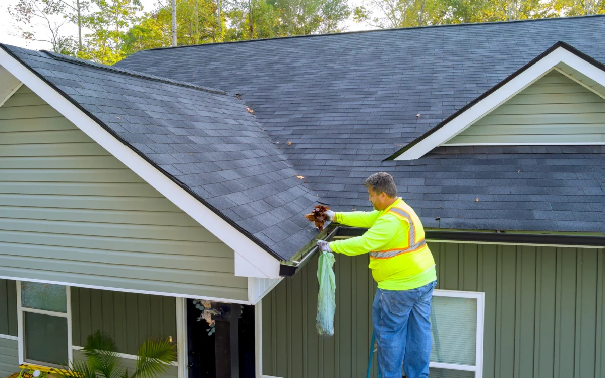 worker-is-cleaning-clogged-roof-gutter-from-dirt